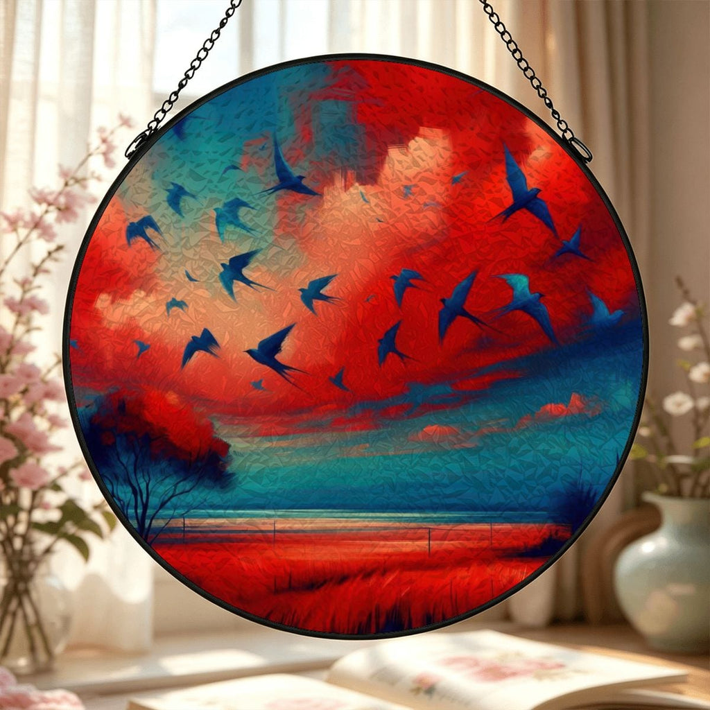 Scarlet and Turquoise Sunset Stained Glass Suncatcher Window Hanging (Made in USA)