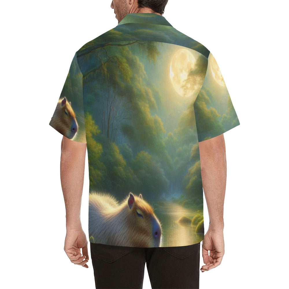 Capybara Under a Golden Moon Hawaiian Shirt without pocket
