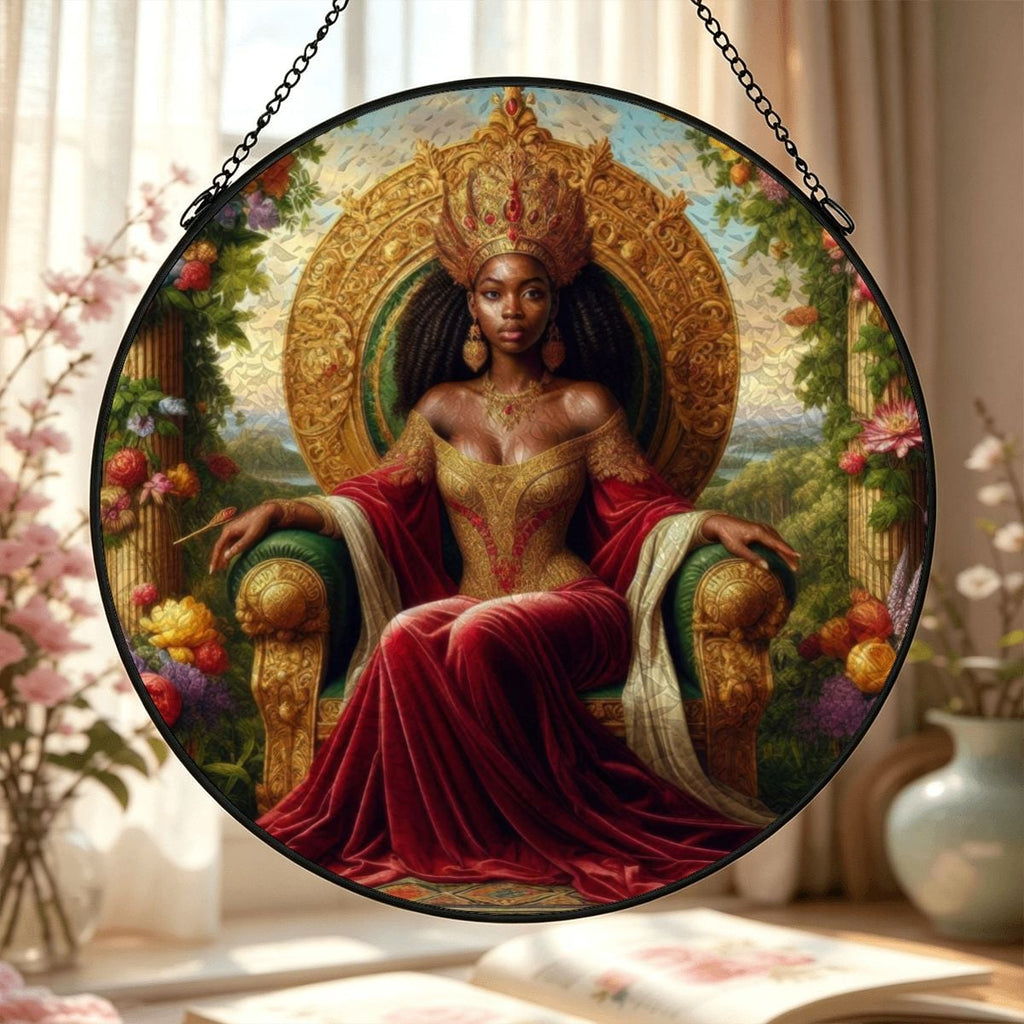 The Enthroned Queen Stained Glass Effect Suncatcher Window Hanging (Made in USA)