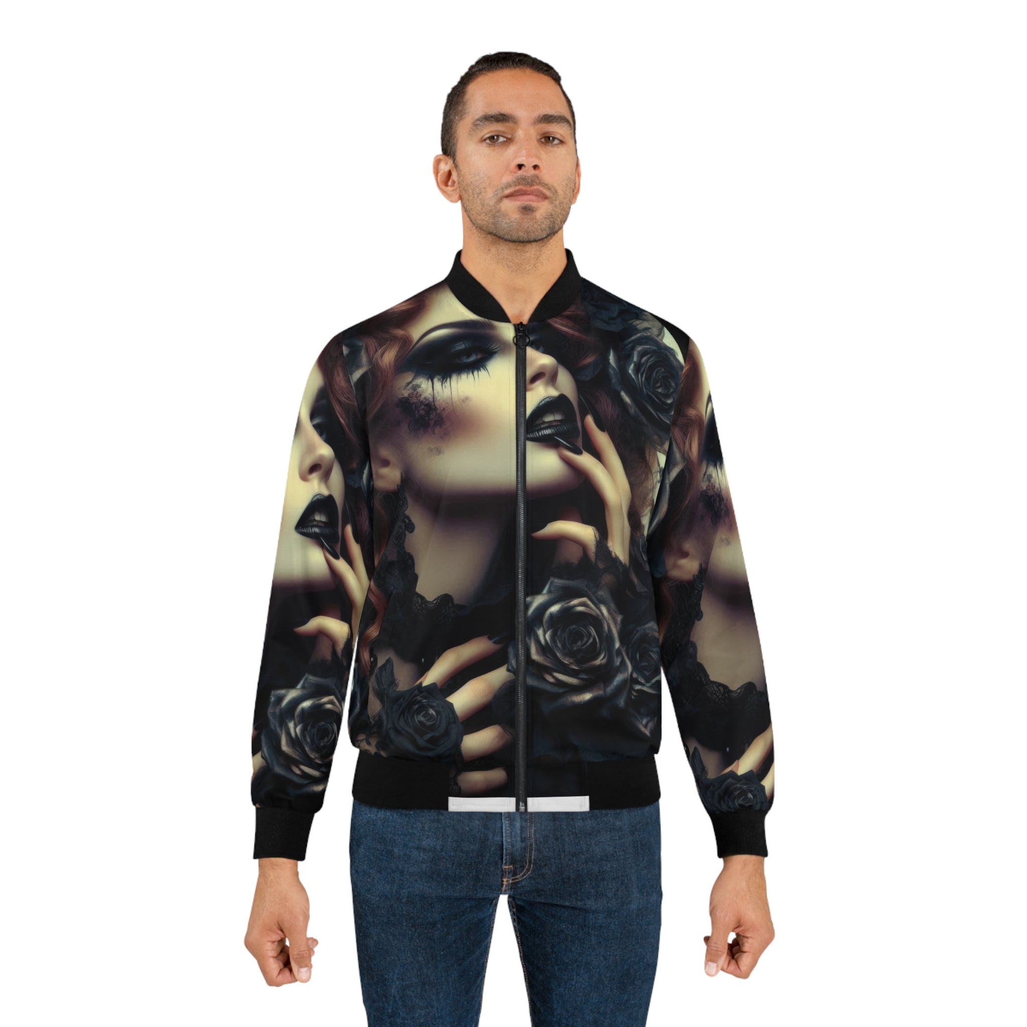 Black Roses Bomber Jacket — Dark Glam Portrait AOP