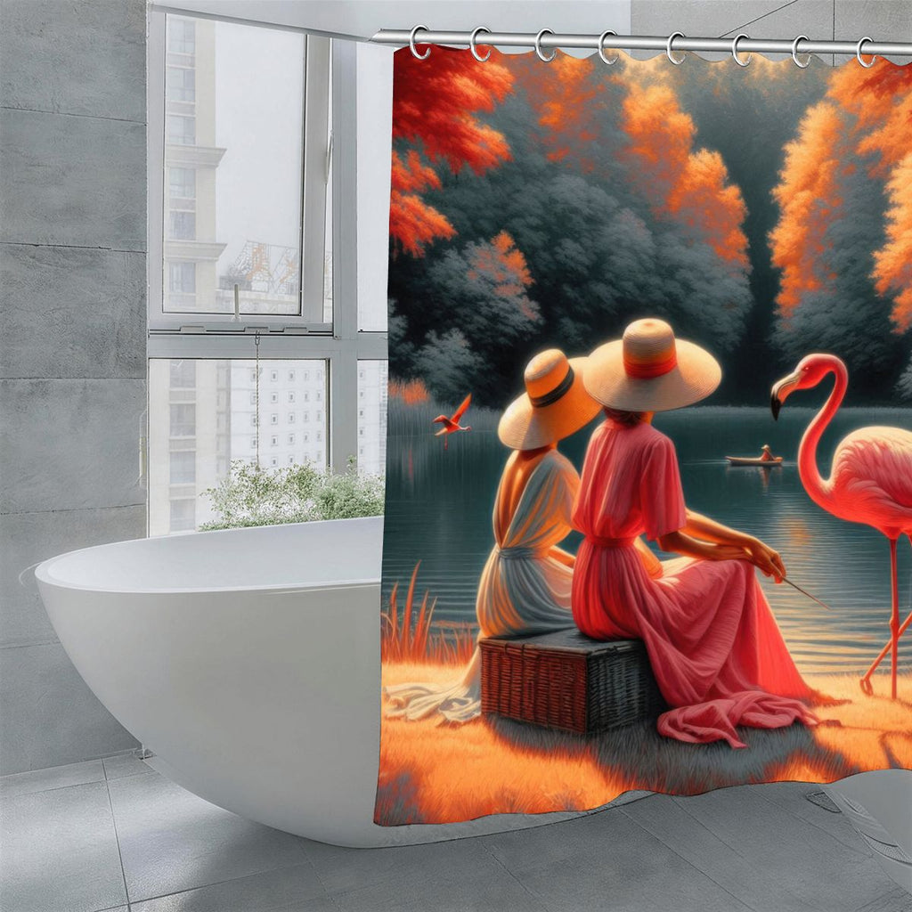 Two Ladies with a Flamingo Shower Curtain | Romantic Landscape Art