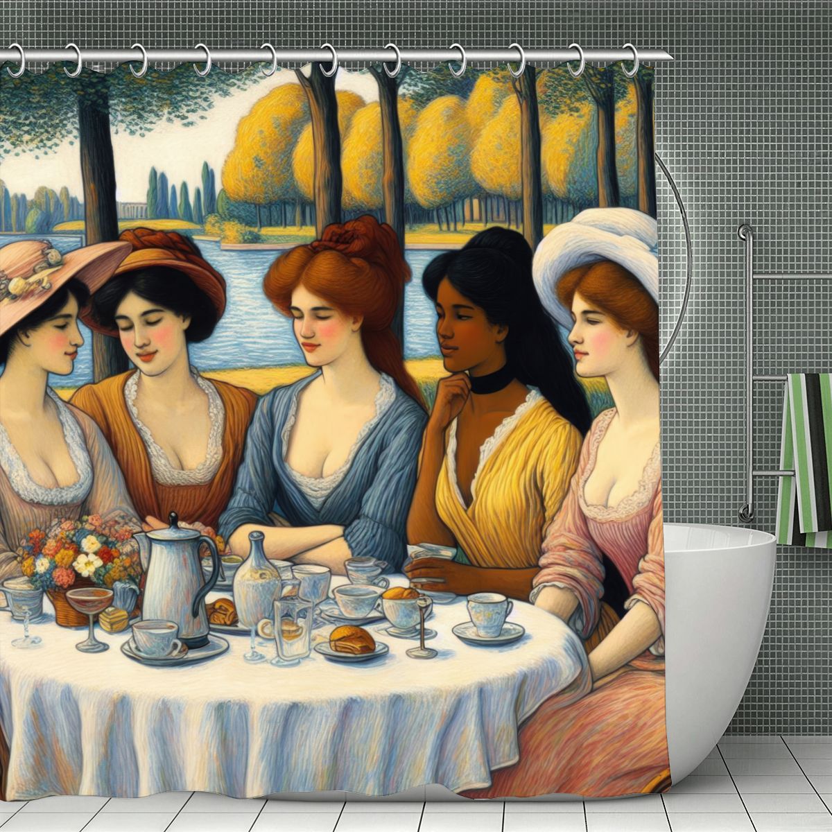 5 Ladies Shower Curtain | Post-Impressionist Tea Garden Art