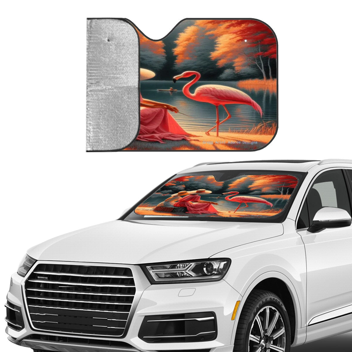 Two Ladies with a Flamingo Car Windshield Sun Shade (Stiff Version)