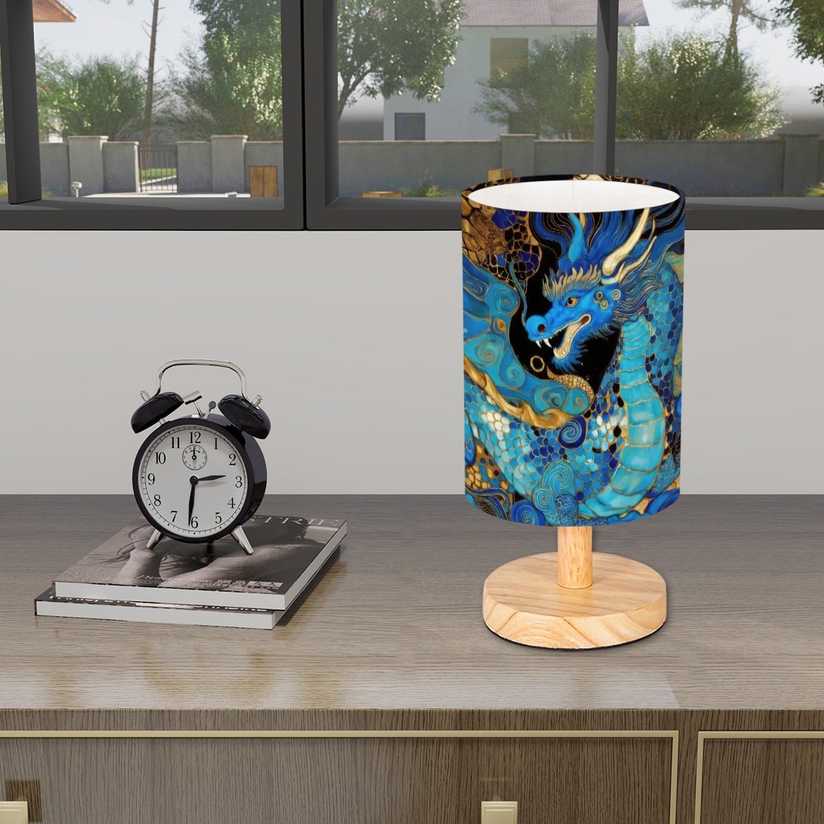 Teal Dragon Cylindrical Table Lamp