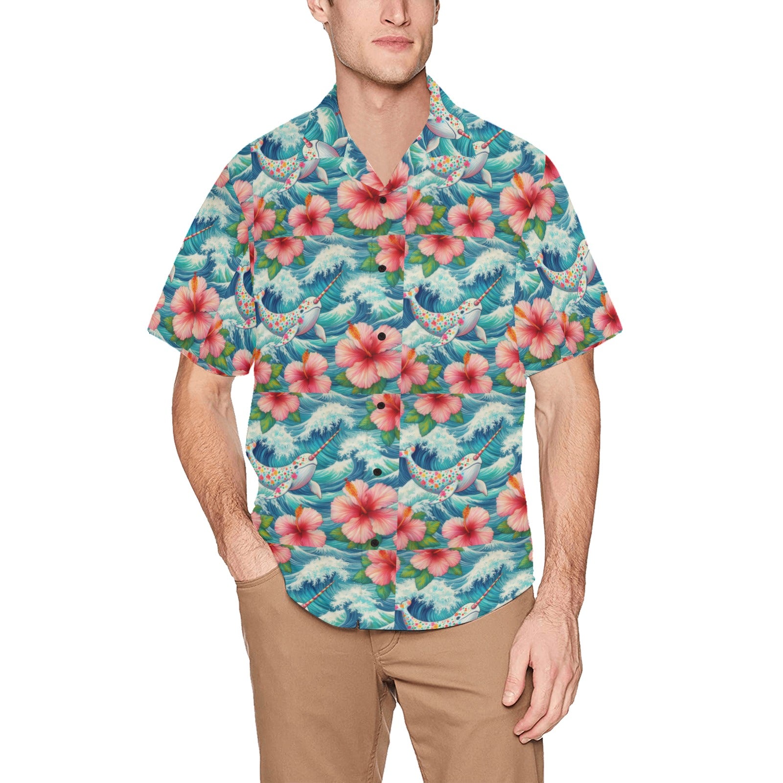 Proud Narwhal Patterned Hawaiian Shirt with Chest Pocket