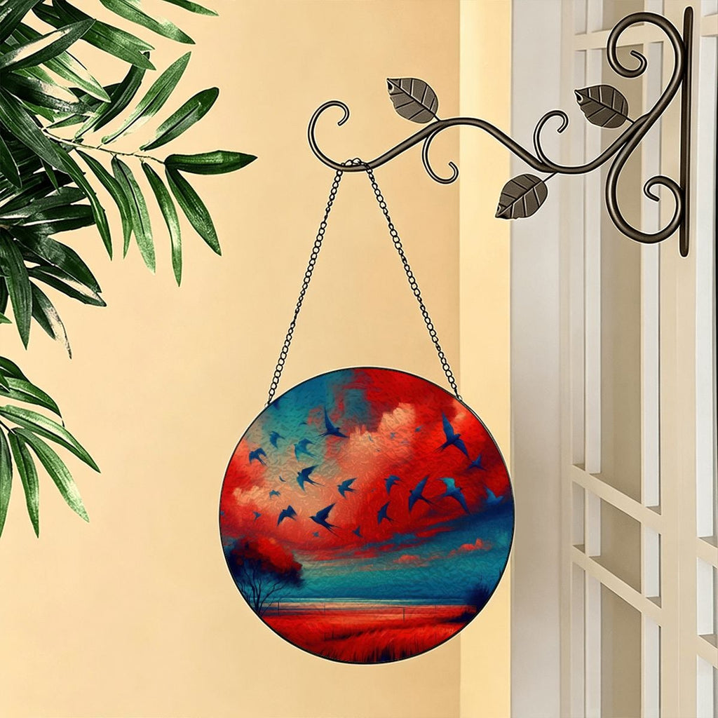 Scarlet and Turquoise Sunset Stained Glass Suncatcher Window Hanging (Made in USA)