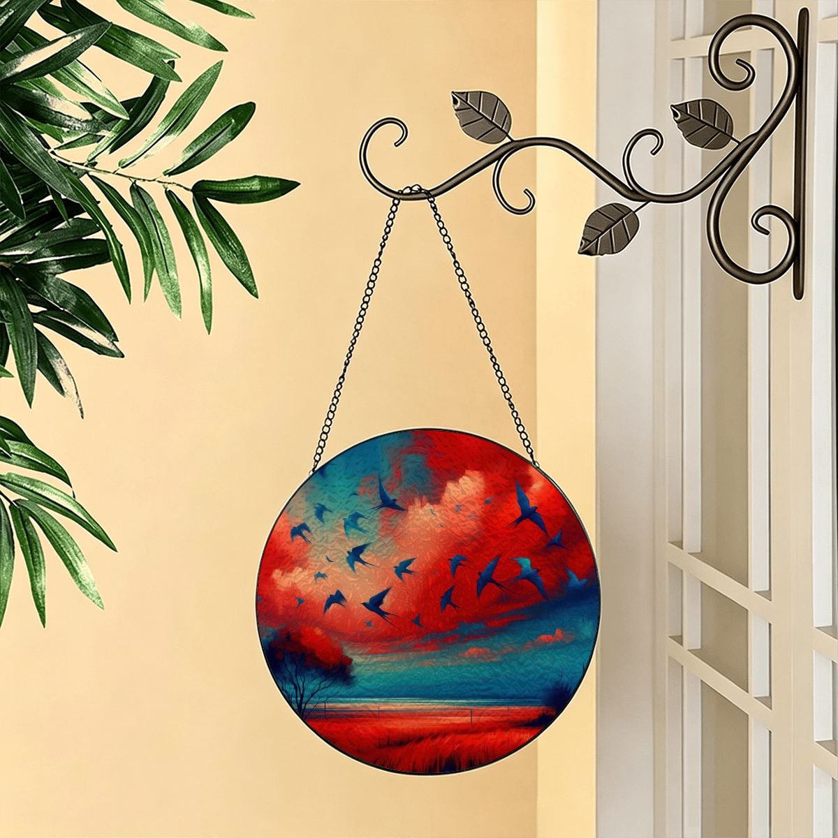 Scarlet and Turquoise Sunset Stained Glass Suncatcher Window Hanging (Made in USA)
