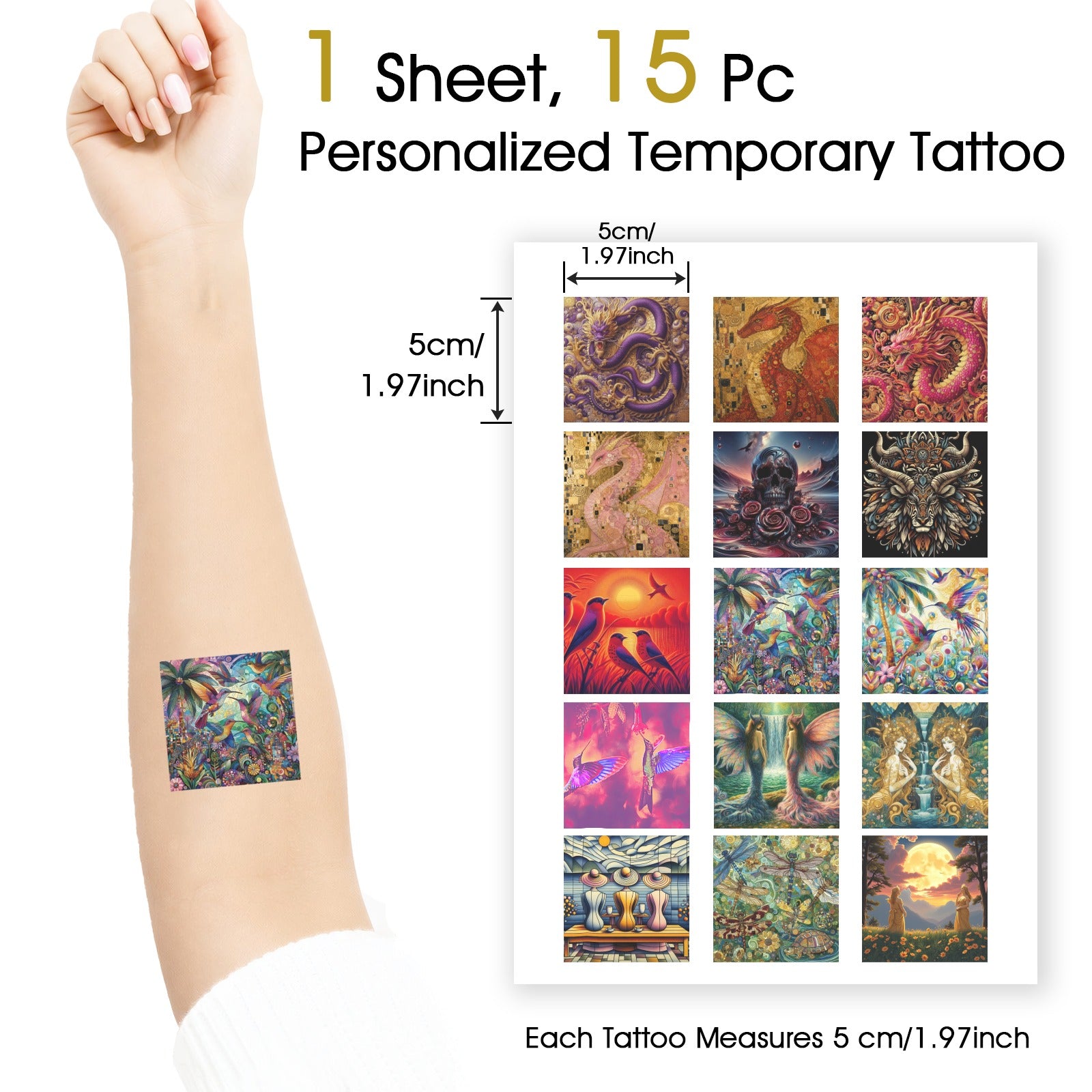sample pack 1 Personalized Temporary Tattoo (1 Sheet, 15 Separate Designs)