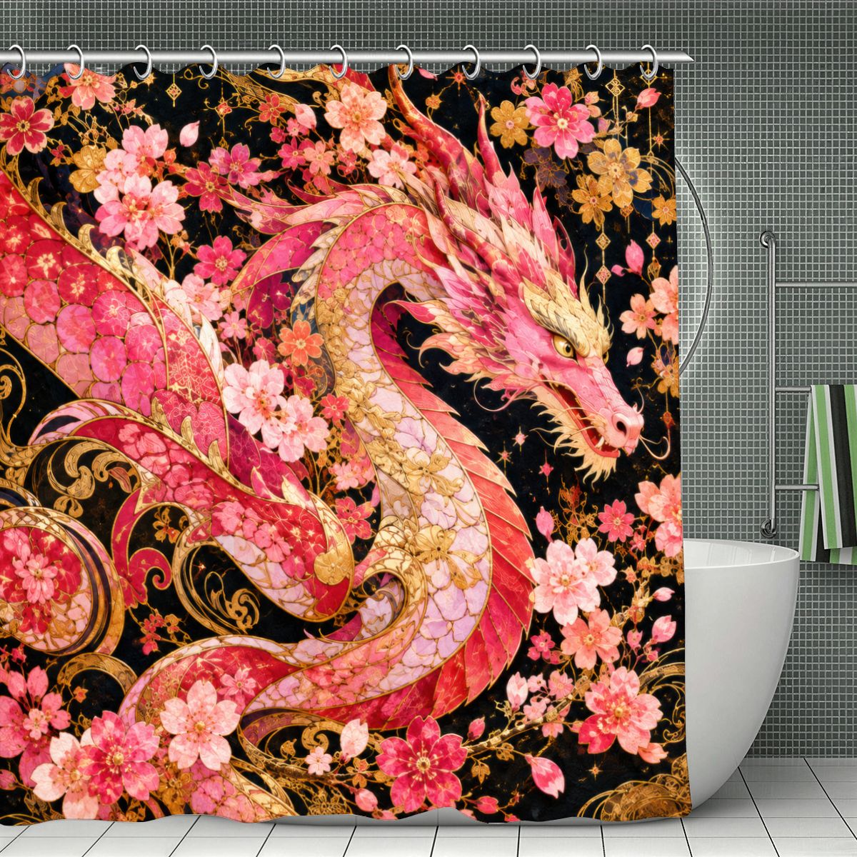 Pink and Gold Sakura Dragon Shower Curtain