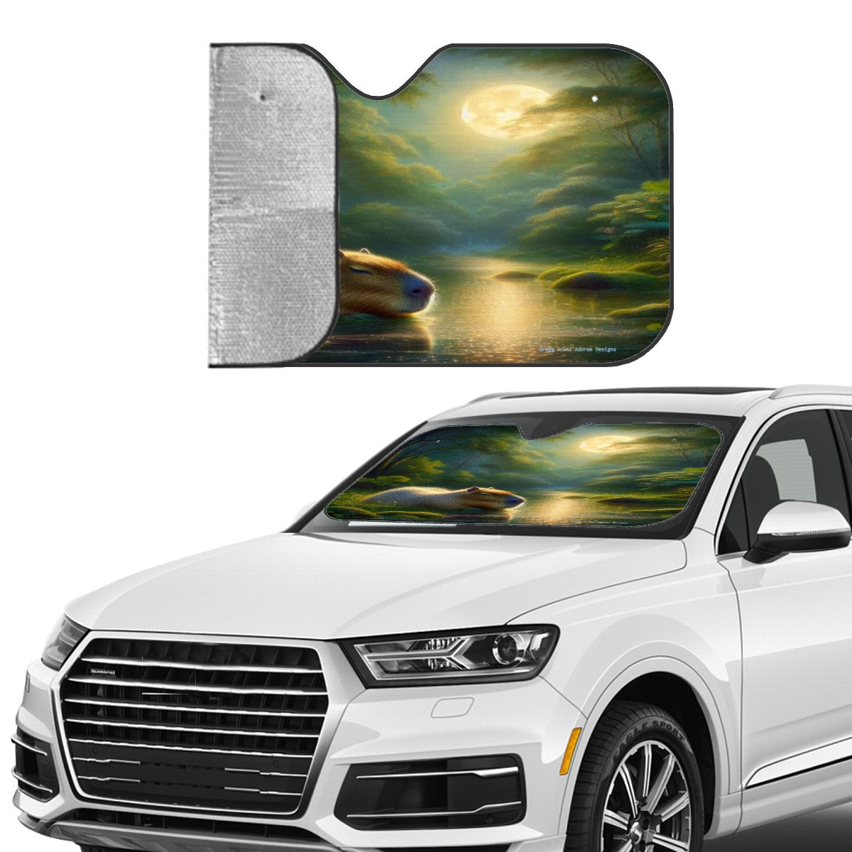 Capybara under a Golden Moon Car Windshield Sun Shade (Stiff Version)