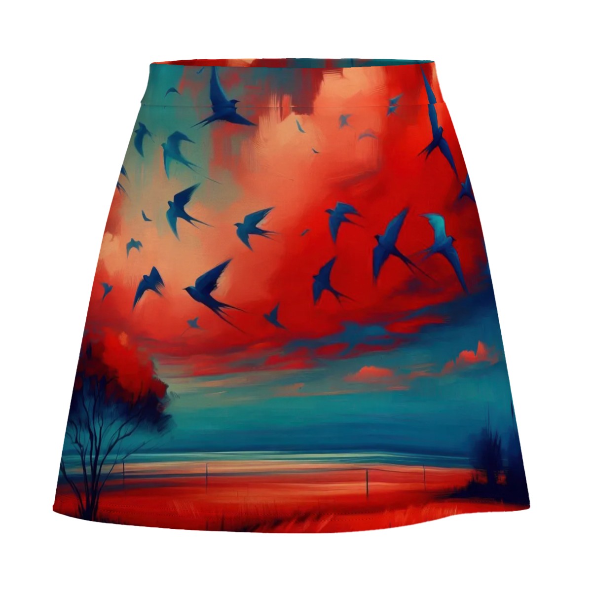 Scarlet Sunset with Birds Mini Skirt | Nature-Inspired Wearable Art