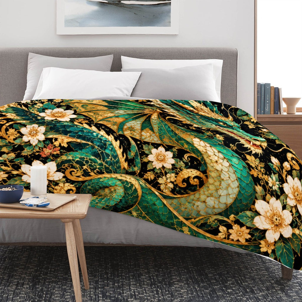 Gilded Jade Dragon Flannel Throw Blanket | Made in USA