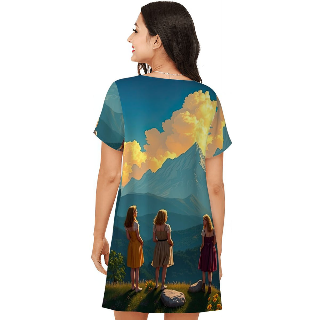 Loose Short-Sleeve Nightgown (Multiple Designs Set 1 - First image shows selected design)
