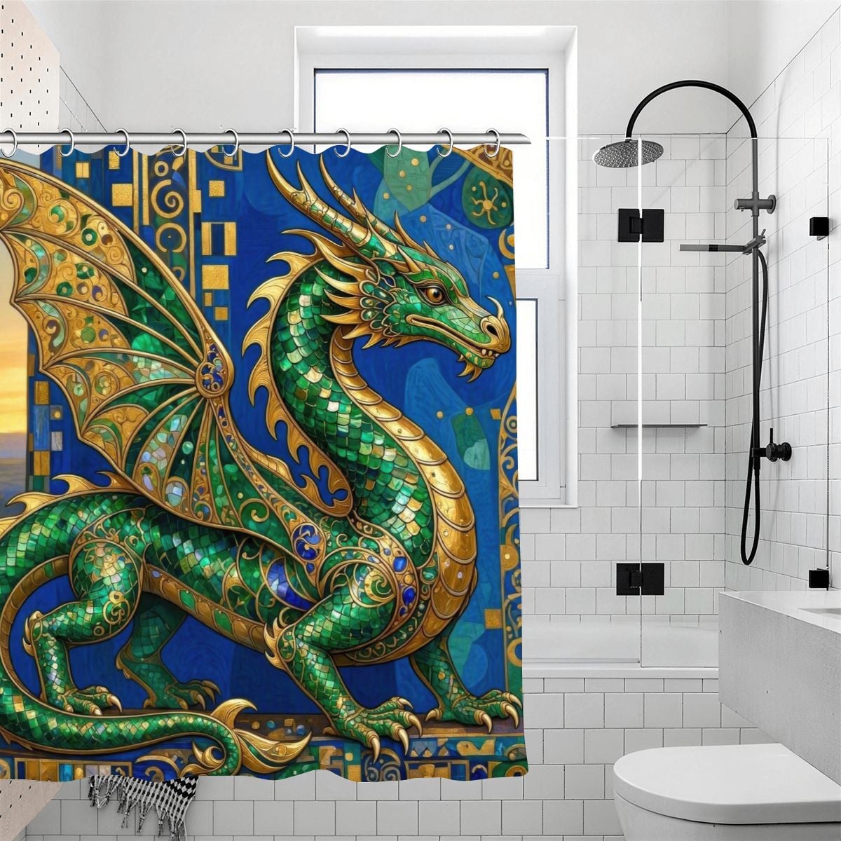 Emerald Dragon Shower Curtain | Klimt Jewel & Gold Filigree Art