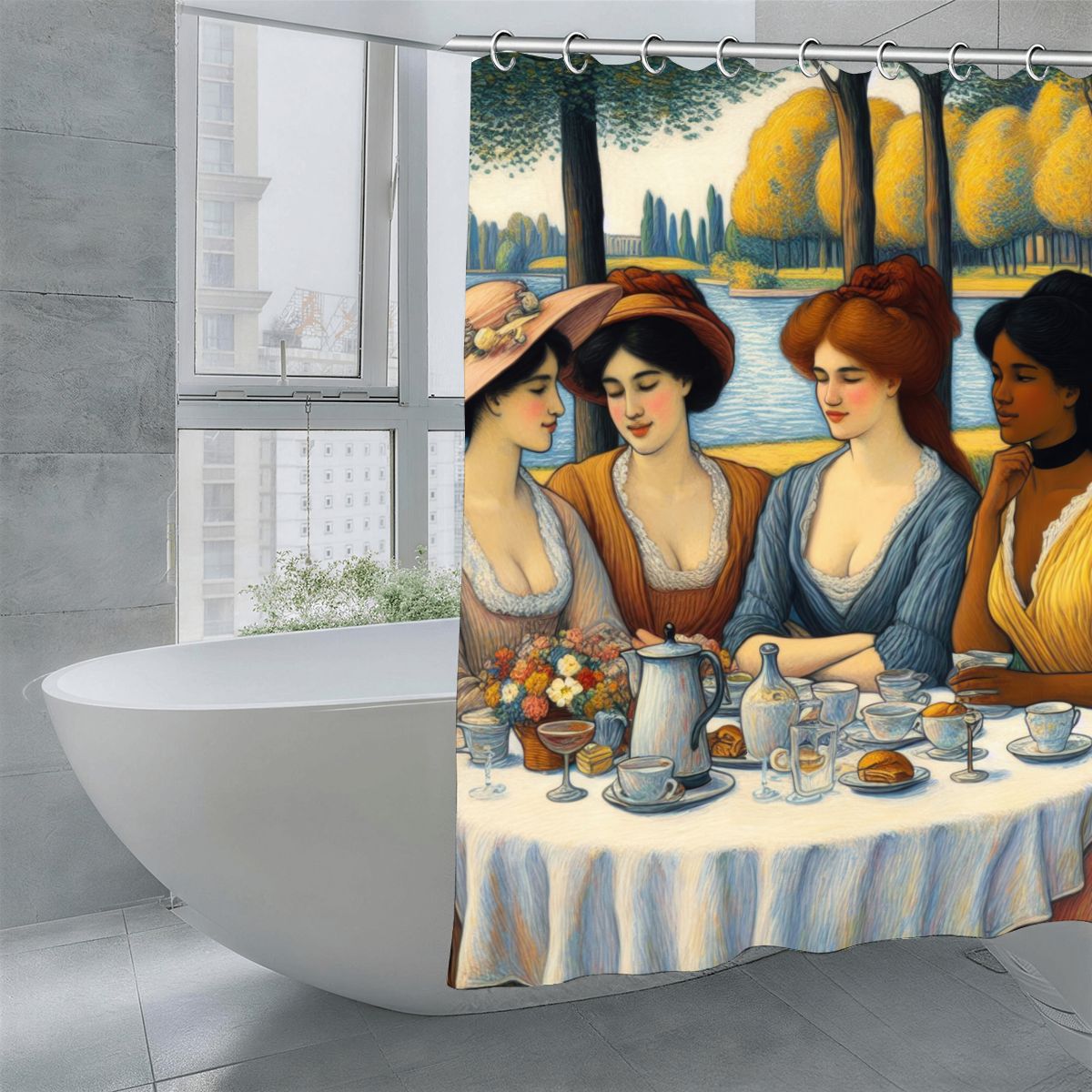 5 Ladies Shower Curtain | Post-Impressionist Tea Garden Art