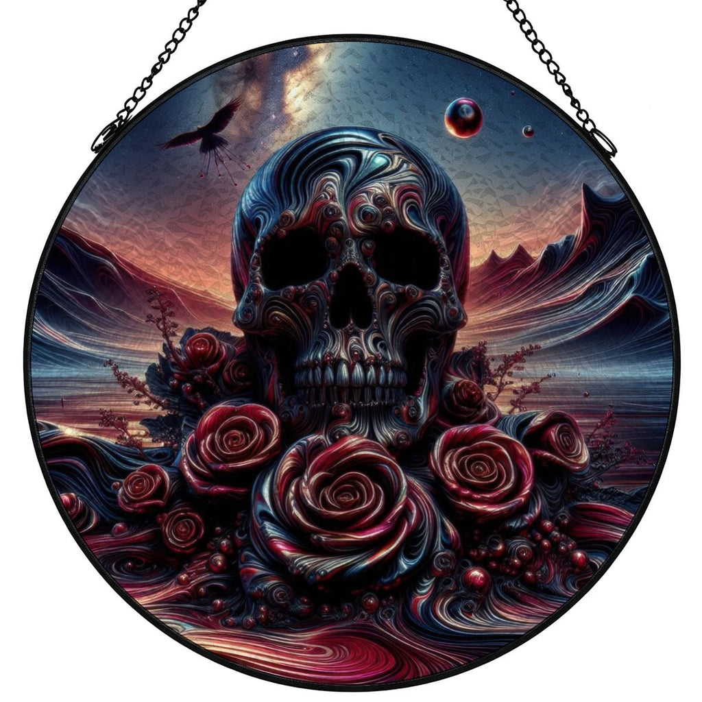 Skull and Roses Stained Glass Effect Suncatcher Window Hanging (Made in USA)