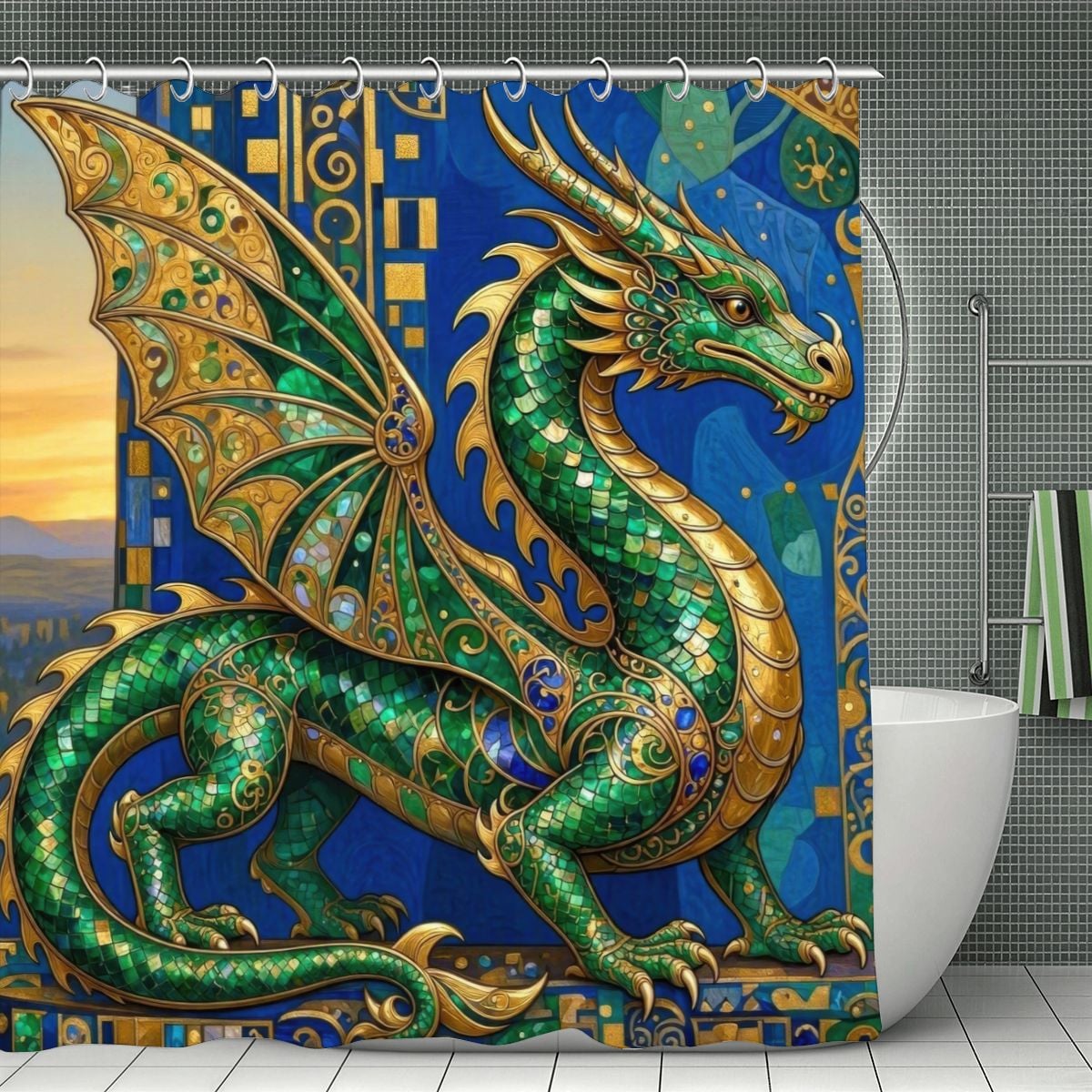 Emerald Dragon Shower Curtain | Klimt Jewel & Gold Filigree Art