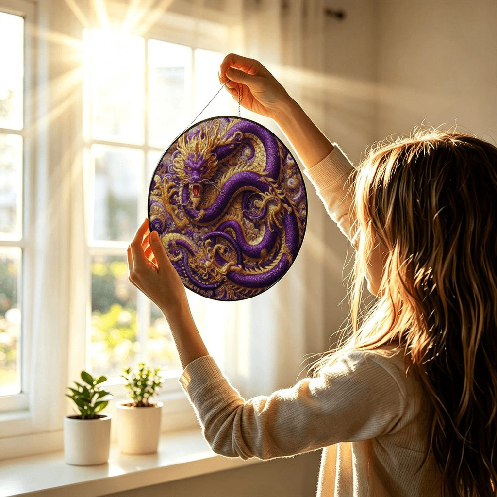 Purple Dragon Stained Glass Effect Suncatcher Window Hanging (Made in USA)