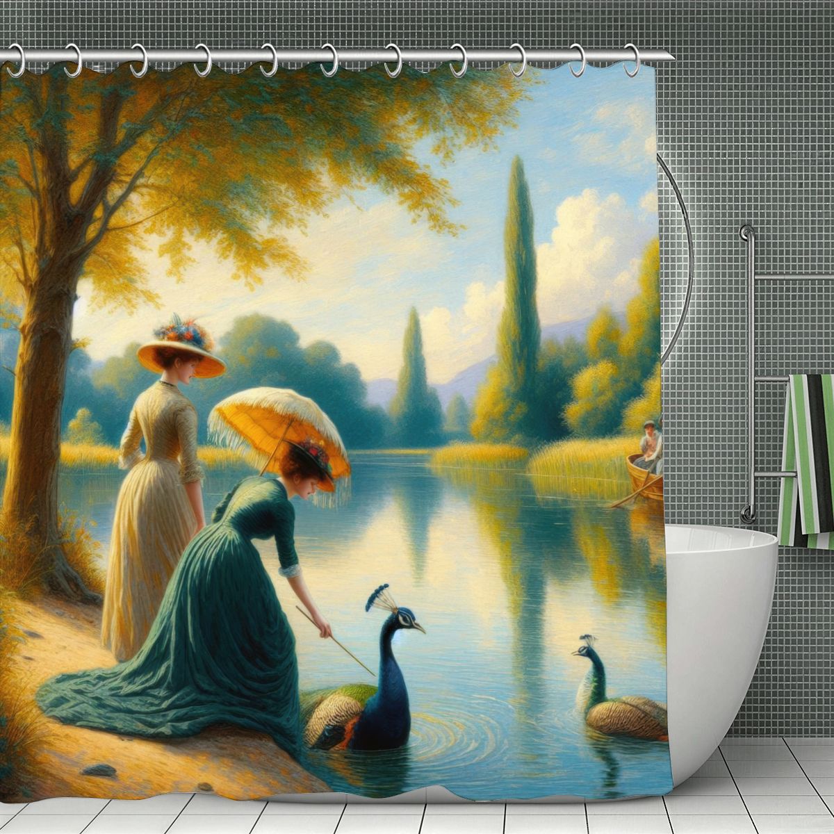 Ladies Poking a Peacock Shower Curtain | Impressionist Art