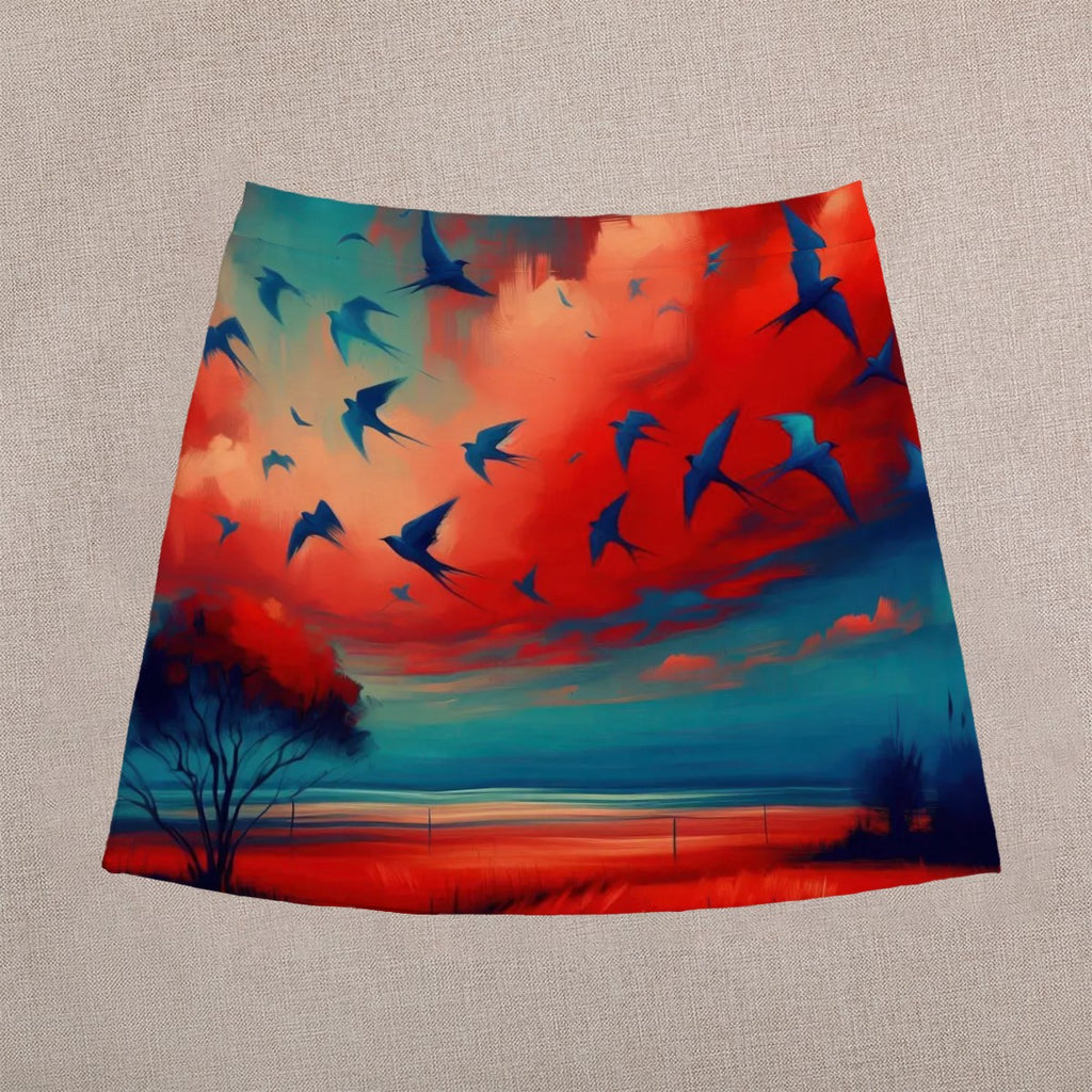 Scarlet Sunset with Birds Mini Skirt | Nature-Inspired Wearable Art