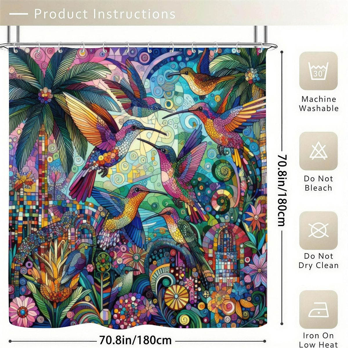 Hummingbird Kaleidoscope Shower Curtain 70.8"x70.8" (Made in USA)