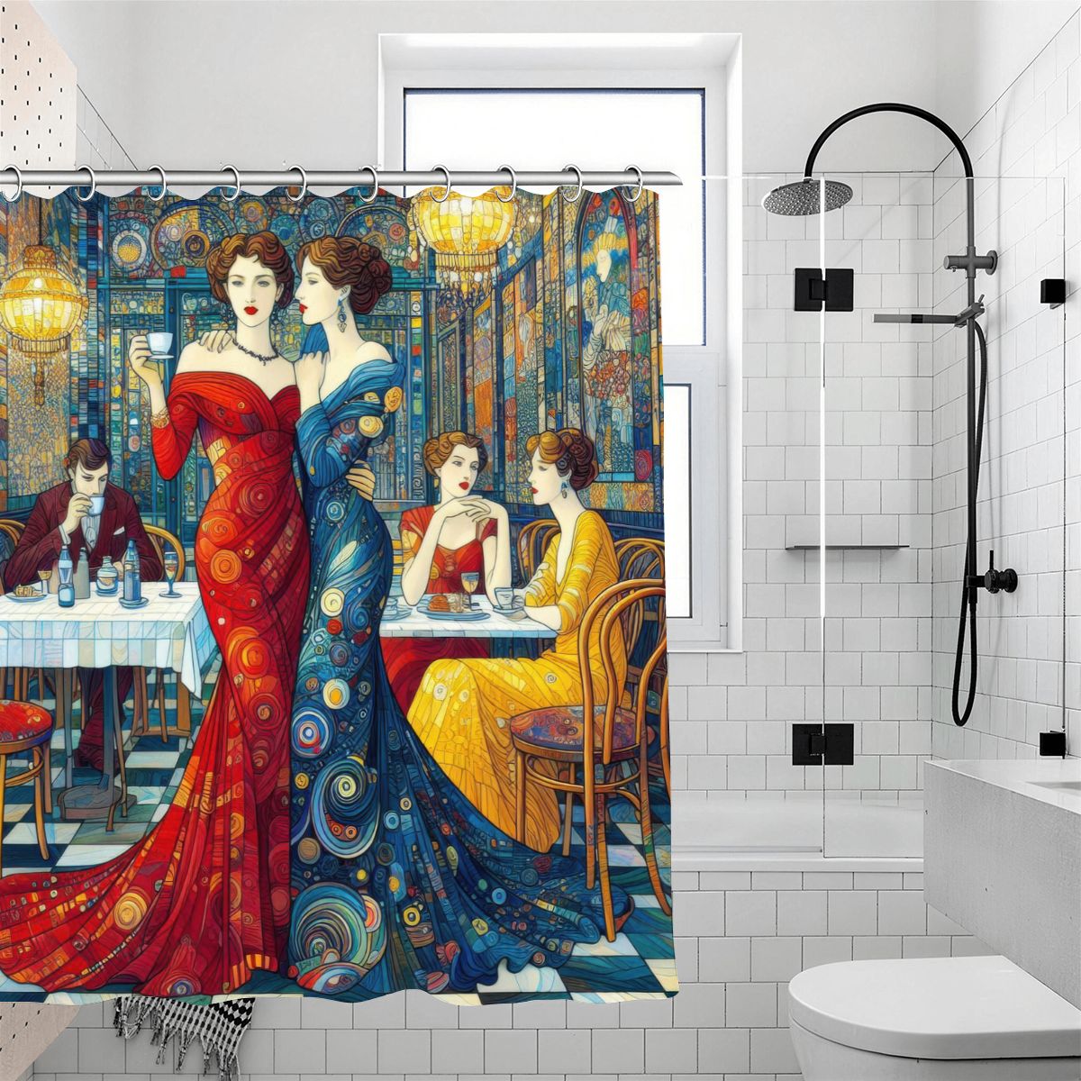 Girlfriends Shower Curtain | Klimt-Inspired Café Art