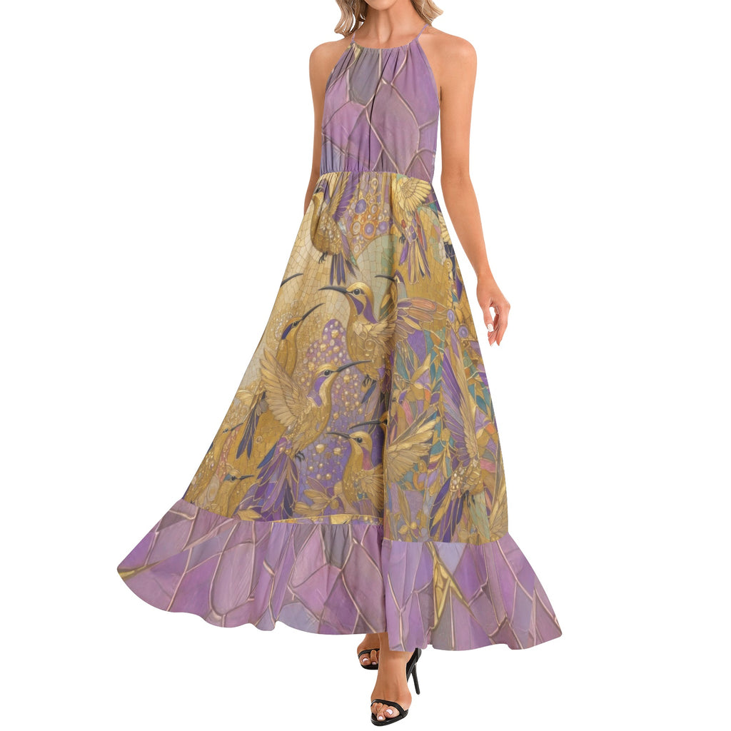 Gold and Lavender Hummingbirds Ruffle Hem Halter Neck Maxi Dress