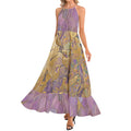 Gold and Lavender Hummingbirds Ruffle Hem Halter Neck Maxi Dress