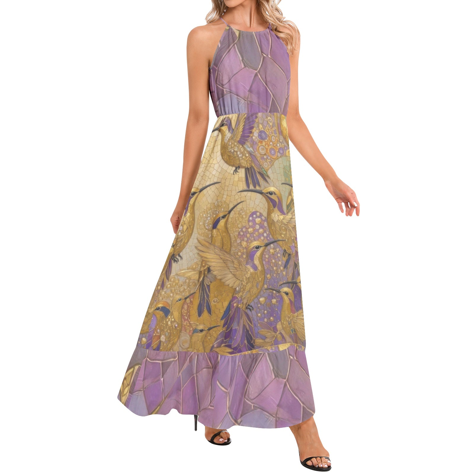 Gold and Lavender Hummingbirds Ruffle Hem Halter Neck Maxi Dress