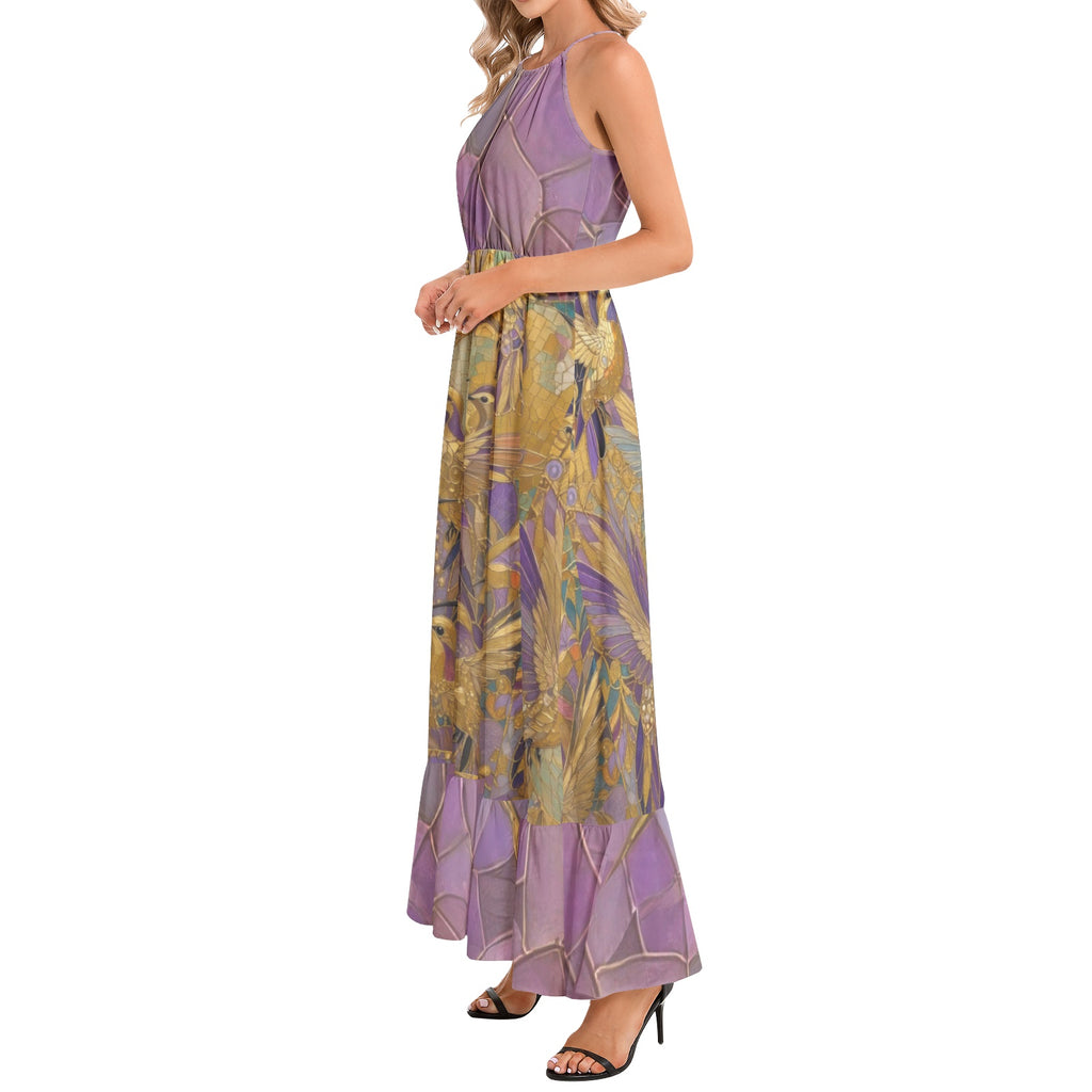 Gold and Lavender Hummingbirds Ruffle Hem Halter Neck Maxi Dress