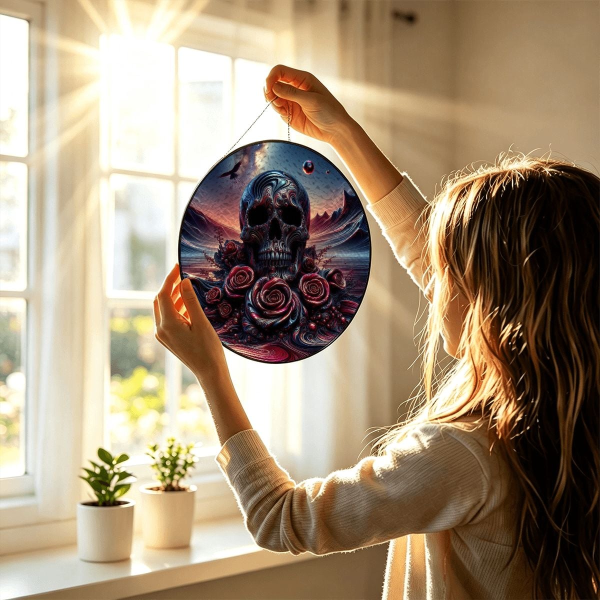 Skull and Roses Stained Glass Effect Suncatcher Window Hanging (Made in USA)