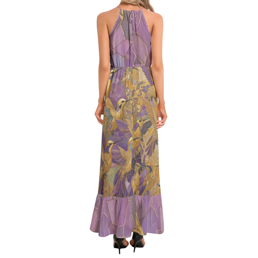 Gold and Lavender Hummingbirds Ruffle Hem Halter Neck Maxi Dress