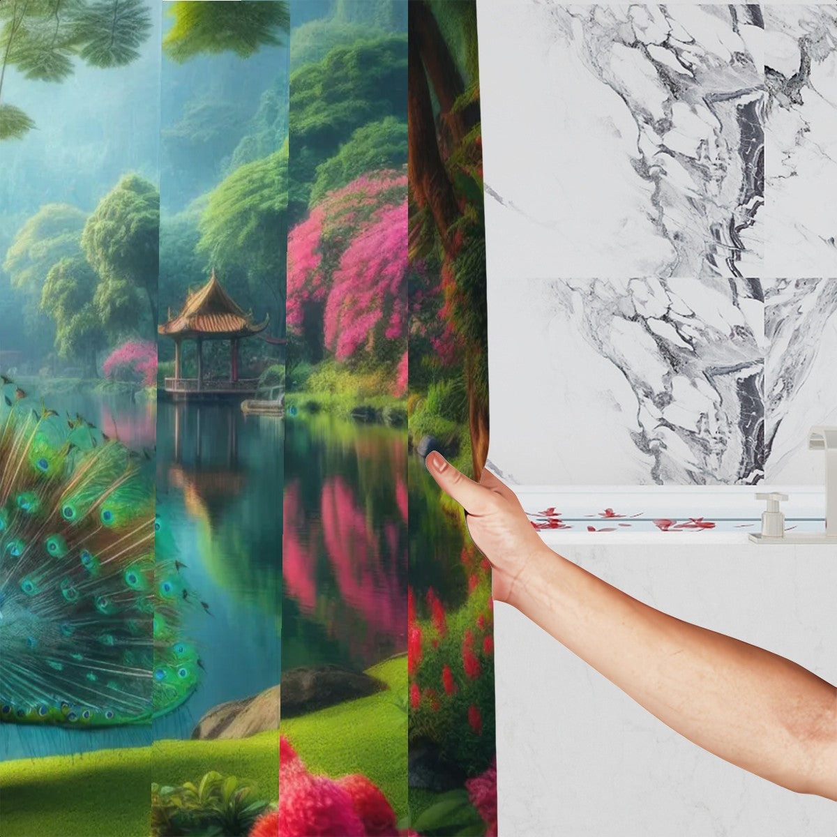 Peacock with Rhododendrons Shower Curtain