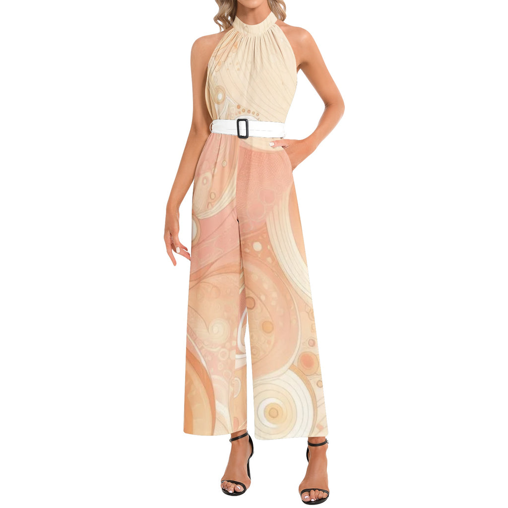 Peach Sorbet Halter Neck Buckle Belted Jumpsuit
