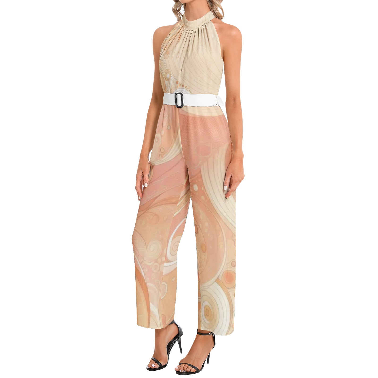 Peach Sorbet Halter Neck Buckle Belted Jumpsuit