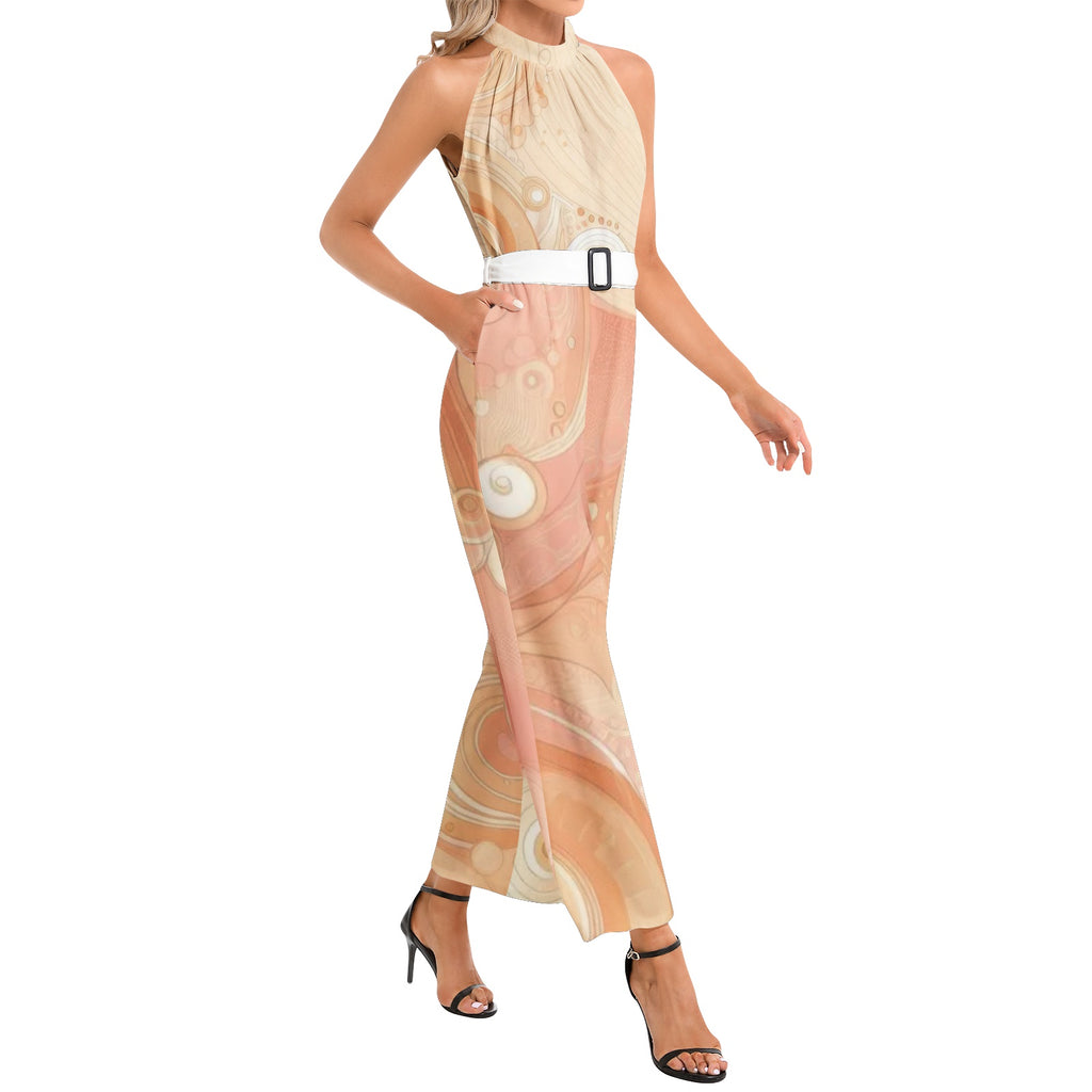 Peach Sorbet Halter Neck Buckle Belted Jumpsuit