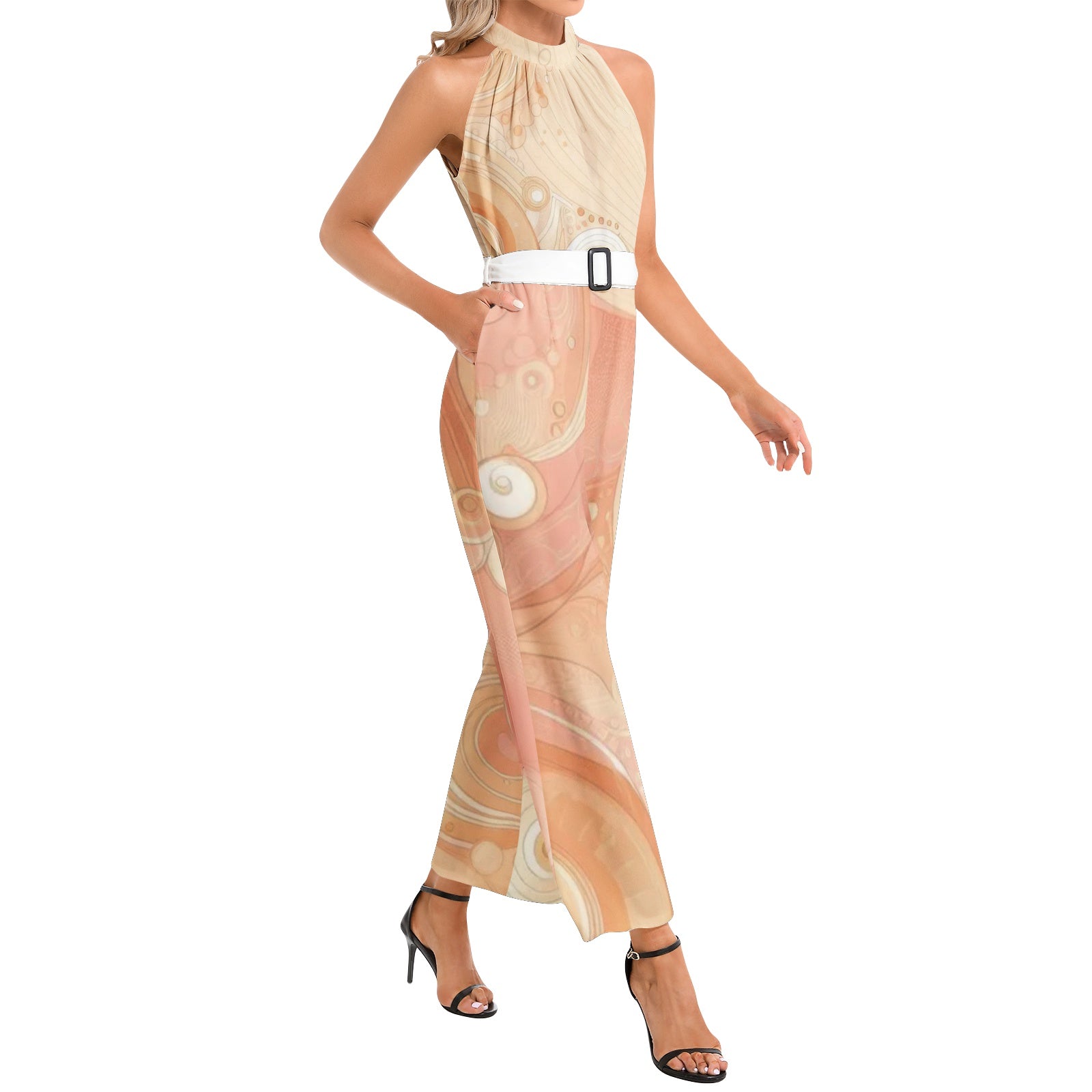 Peach Sorbet Halter Neck Buckle Belted Jumpsuit