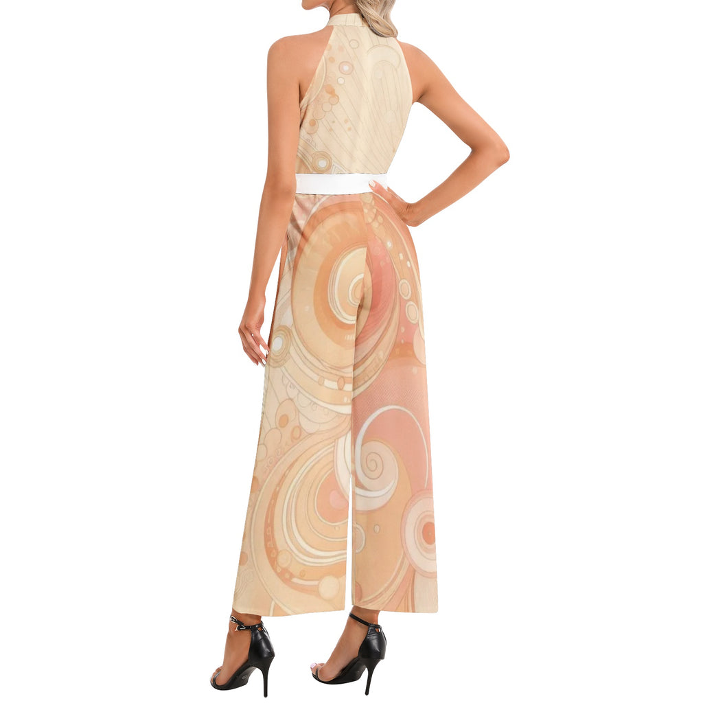 Peach Sorbet Halter Neck Buckle Belted Jumpsuit