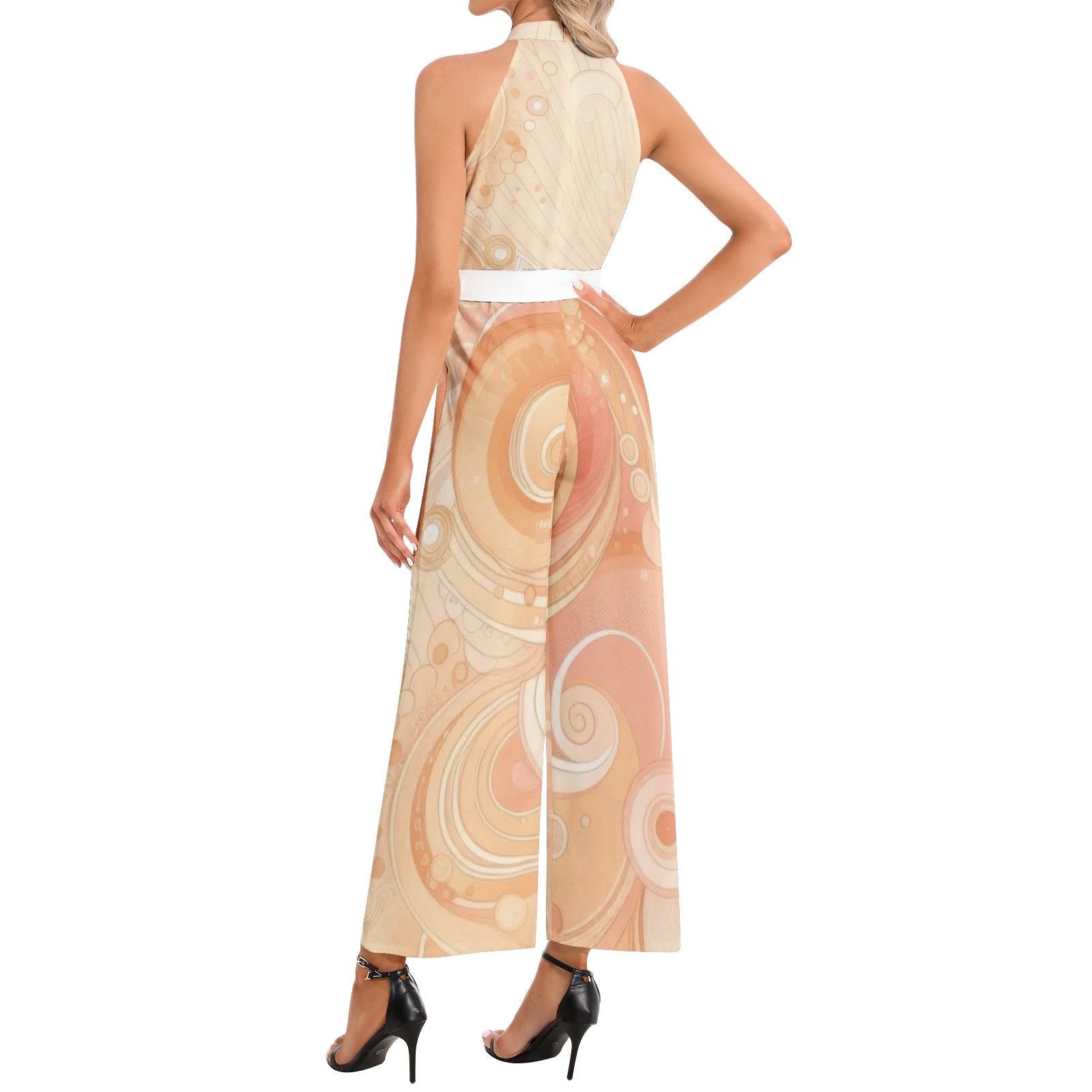 Peach Sorbet Halter Neck Buckle Belted Jumpsuit