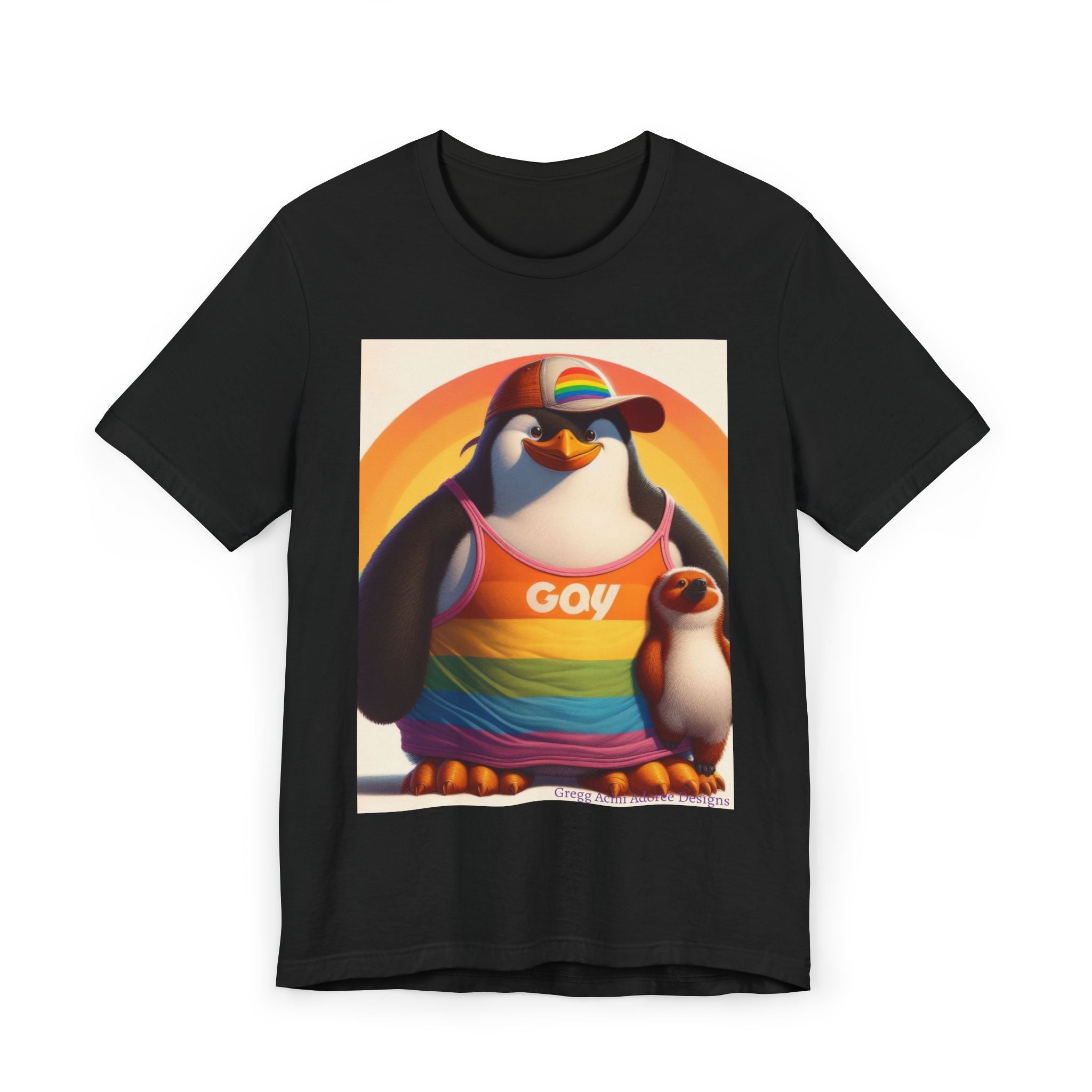 Proud Giant Penguin Unisex Jersey T-Shirt - Colorful Rainbow Graphic Tee