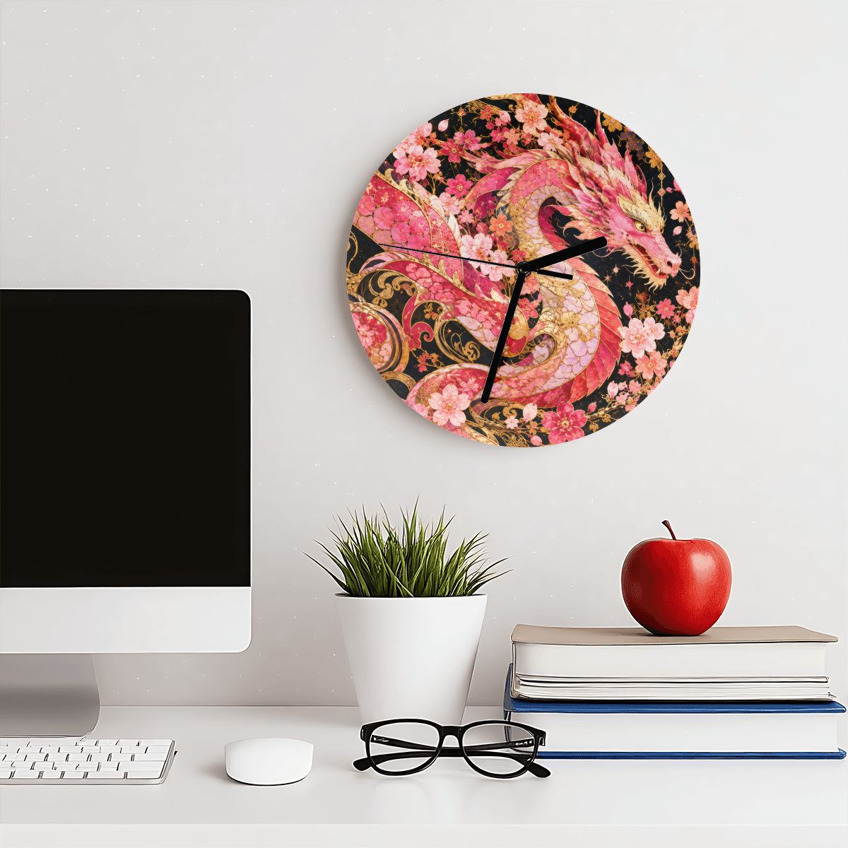 Pink and Gold Sakura Dragon MDF Wall Clock | Made in USA