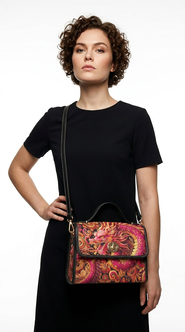 Crimson Dragon Satchel Waterproof Canvas Bag -Fantasy Dragon Handbag
