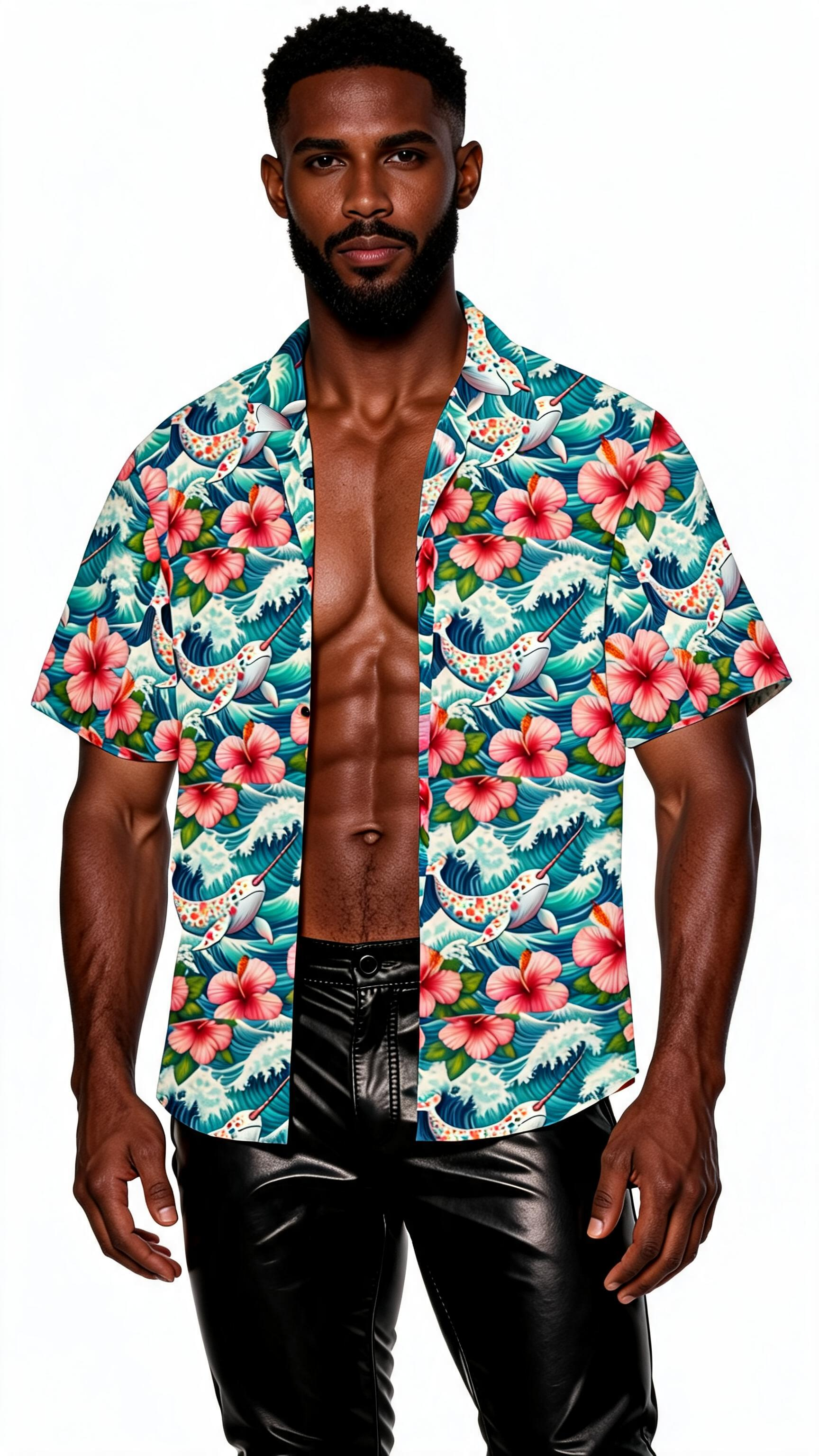 Proud Narwhal Patterned Hawaiian Shirt with Chest Pocket