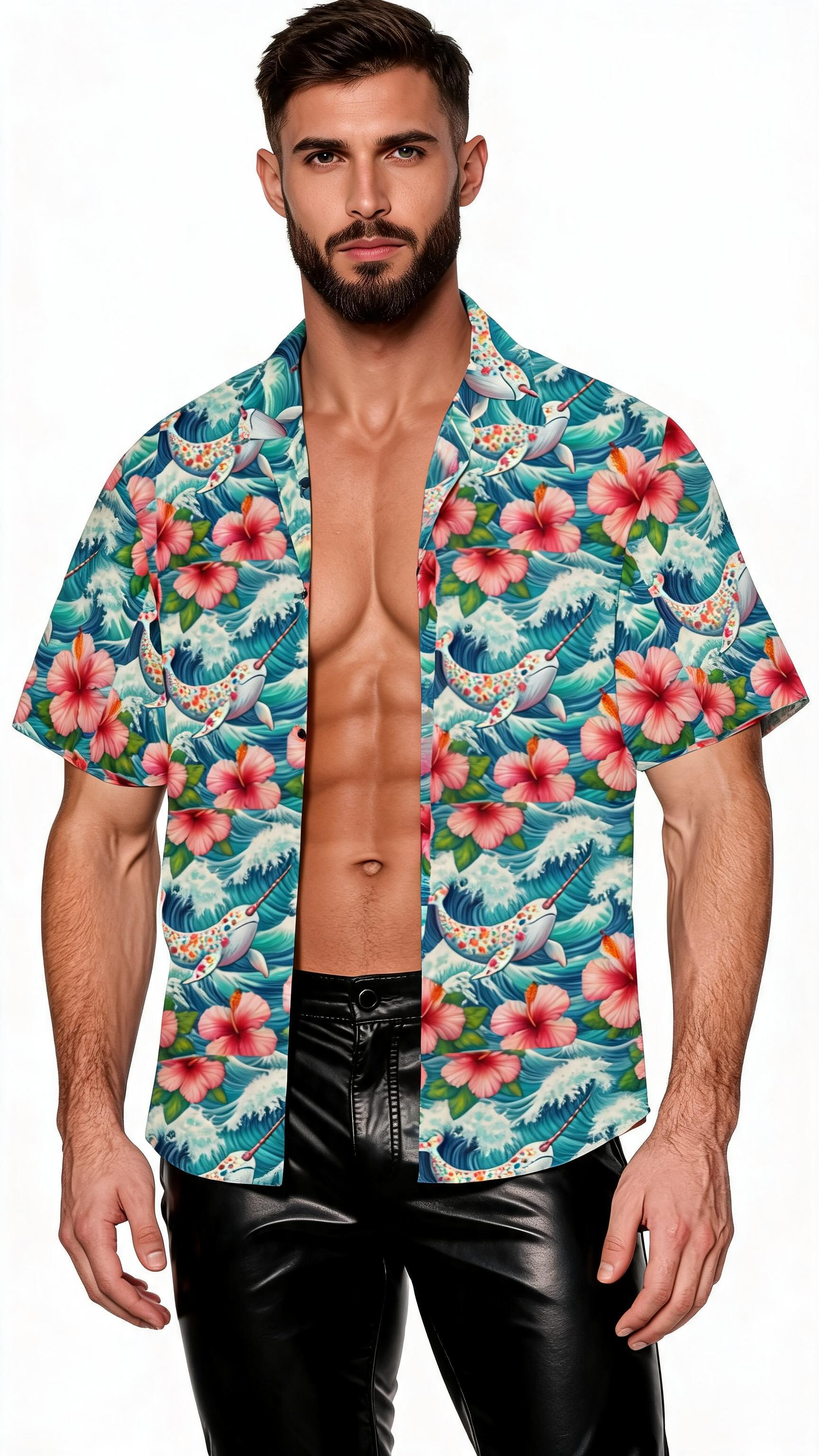 Proud Narwhal Patterned Hawaiian Shirt with Chest Pocket