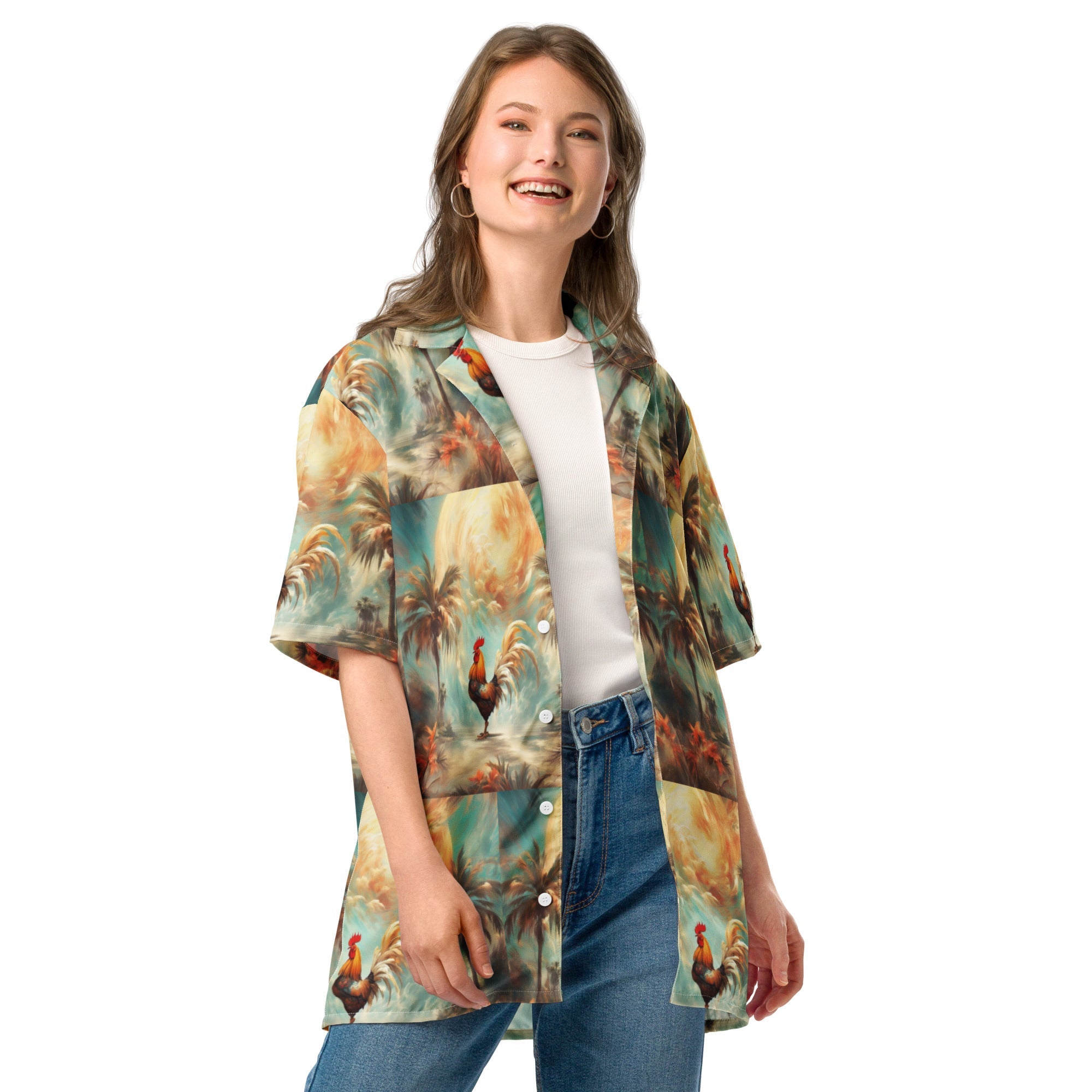 A Rooster and Palms Unisex button shirt by Gregg Acini Adoree Designs - Gregg Acini Adoree Designs - Button Down Shirt