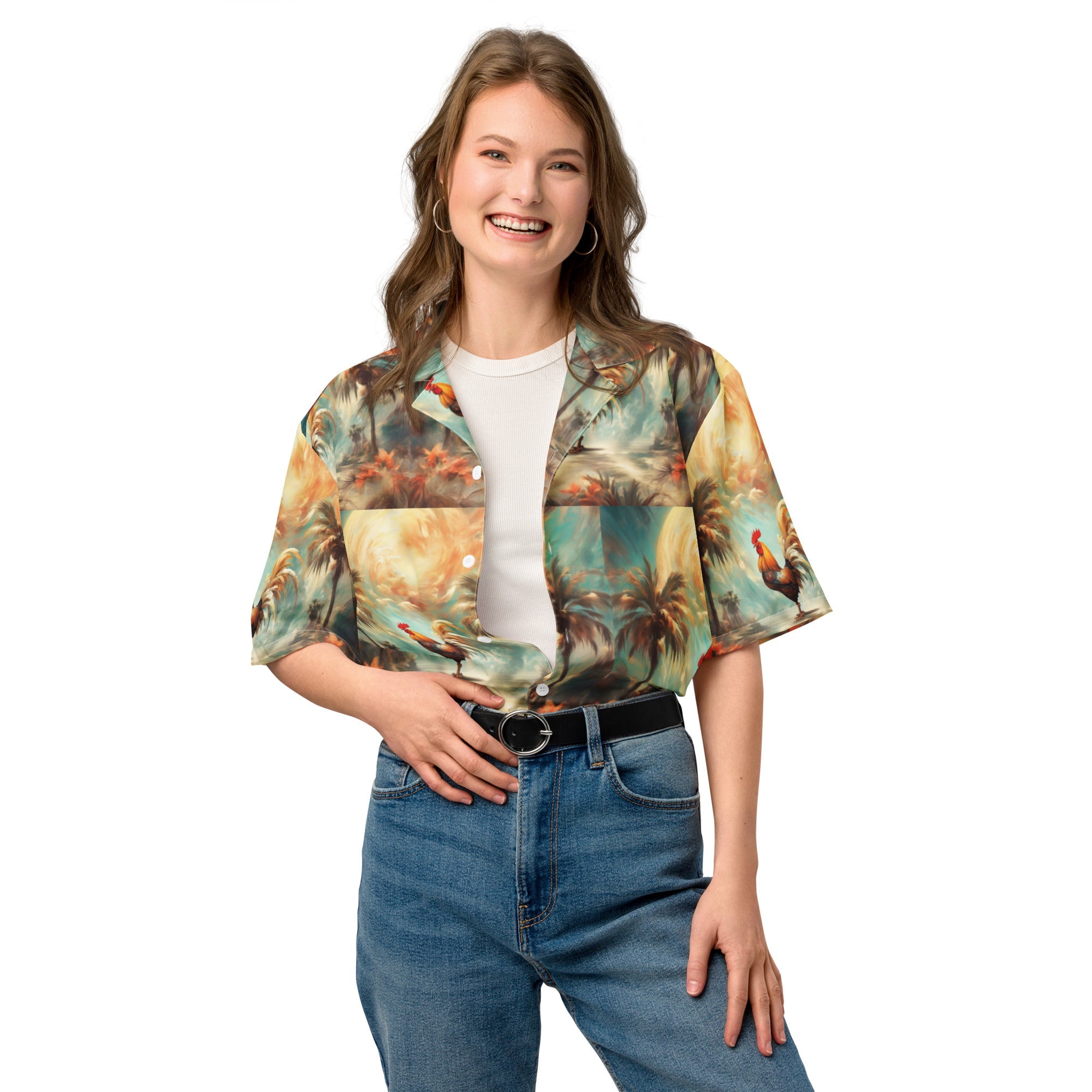 A Rooster and Palms Unisex button shirt by Gregg Acini Adoree Designs - Gregg Acini Adoree Designs - Button Down Shirt