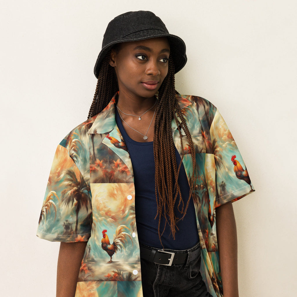 A Rooster and Palms Unisex button shirt by Gregg Acini Adoree Designs - Gregg Acini Adoree Designs - Button Down Shirt