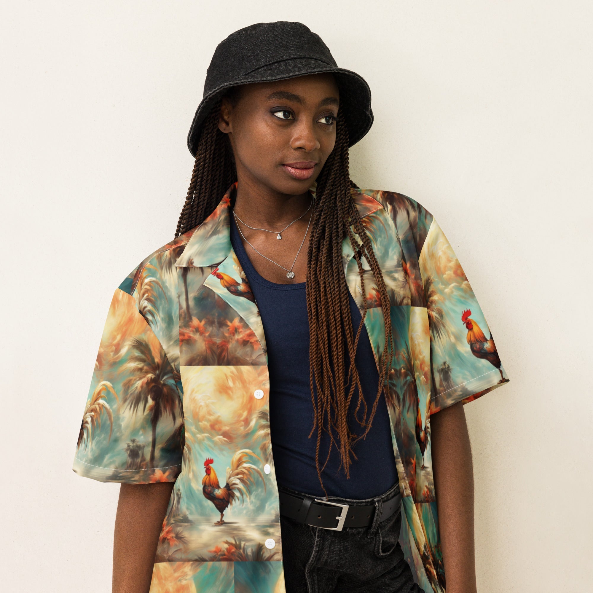 A Rooster and Palms Unisex button shirt by Gregg Acini Adoree Designs - Gregg Acini Adoree Designs - Button Down Shirt