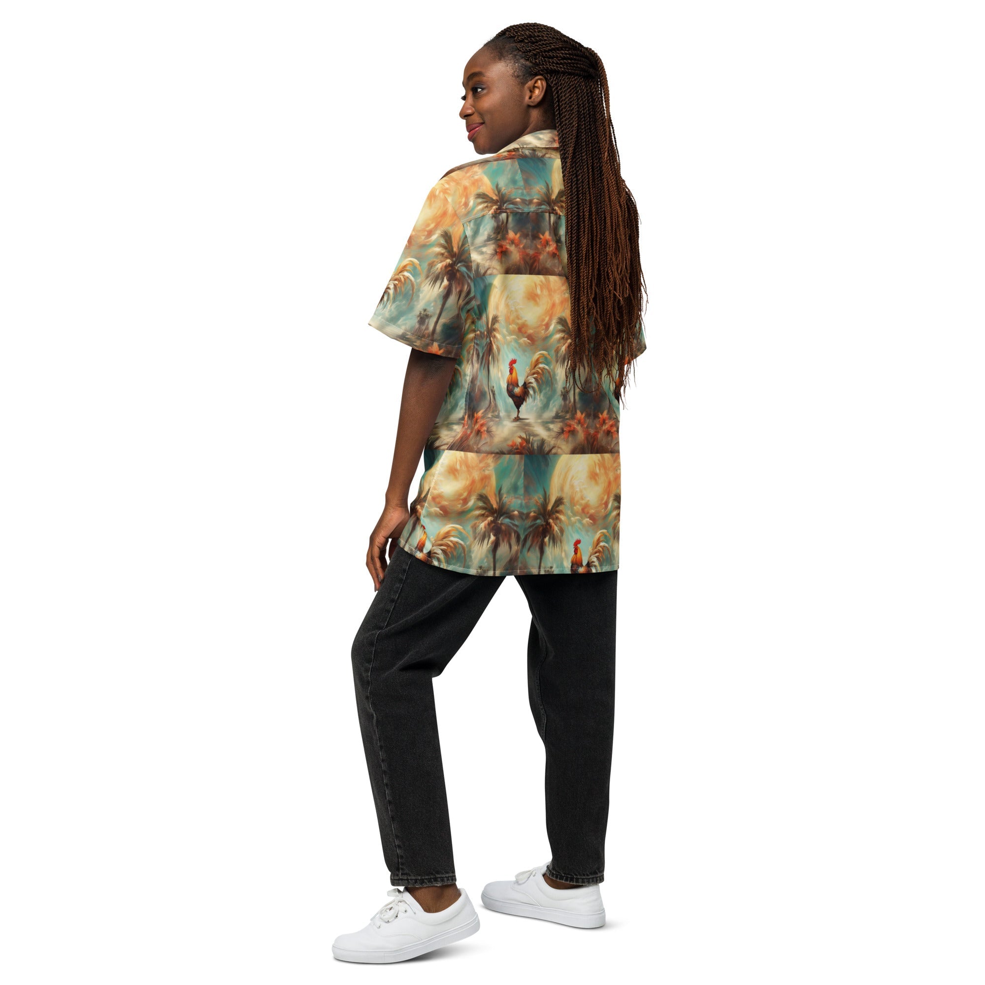 A Rooster and Palms Unisex button shirt by Gregg Acini Adoree Designs - Gregg Acini Adoree Designs - Button Down Shirt