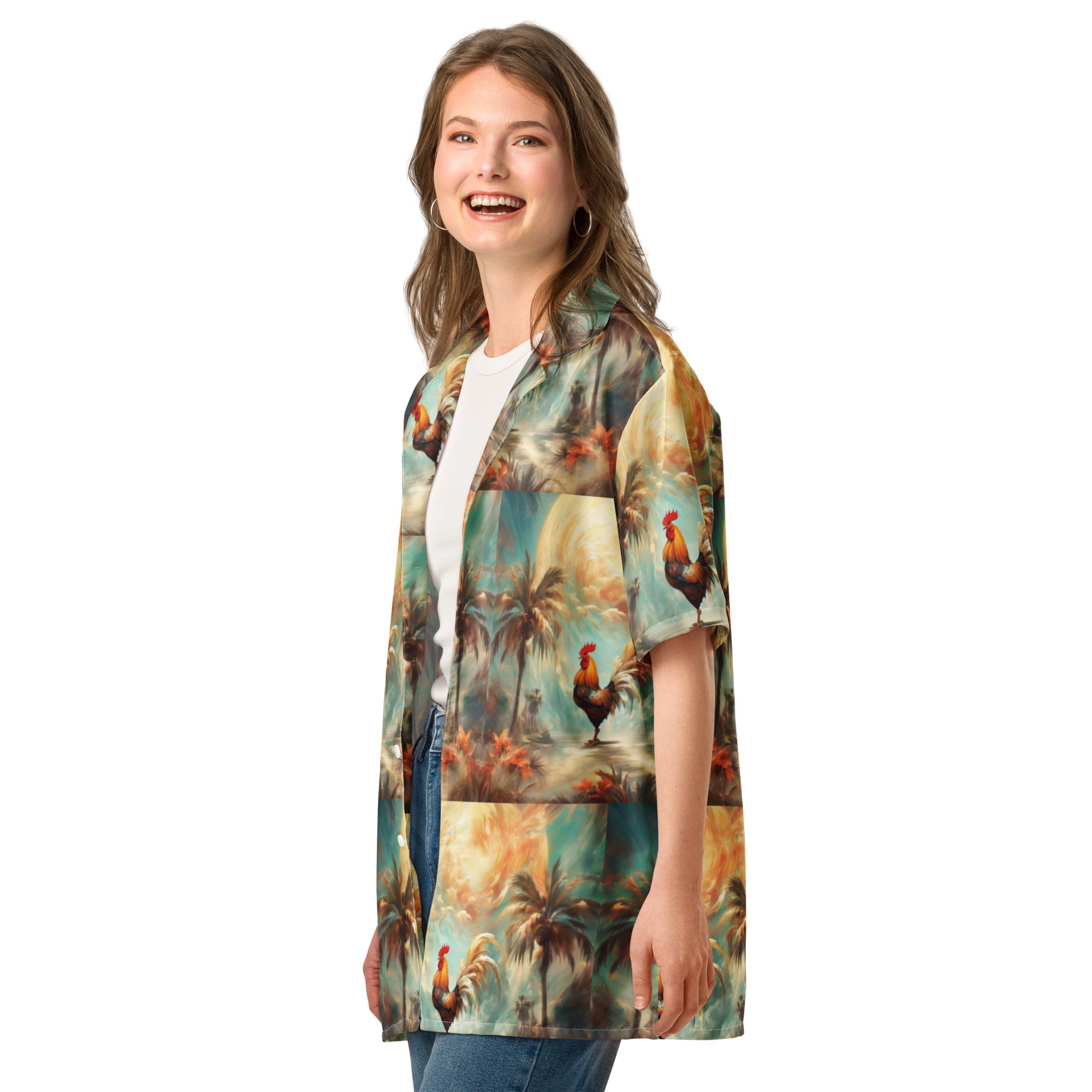 A Rooster and Palms Unisex button shirt by Gregg Acini Adoree Designs - Gregg Acini Adoree Designs - Button Down Shirt